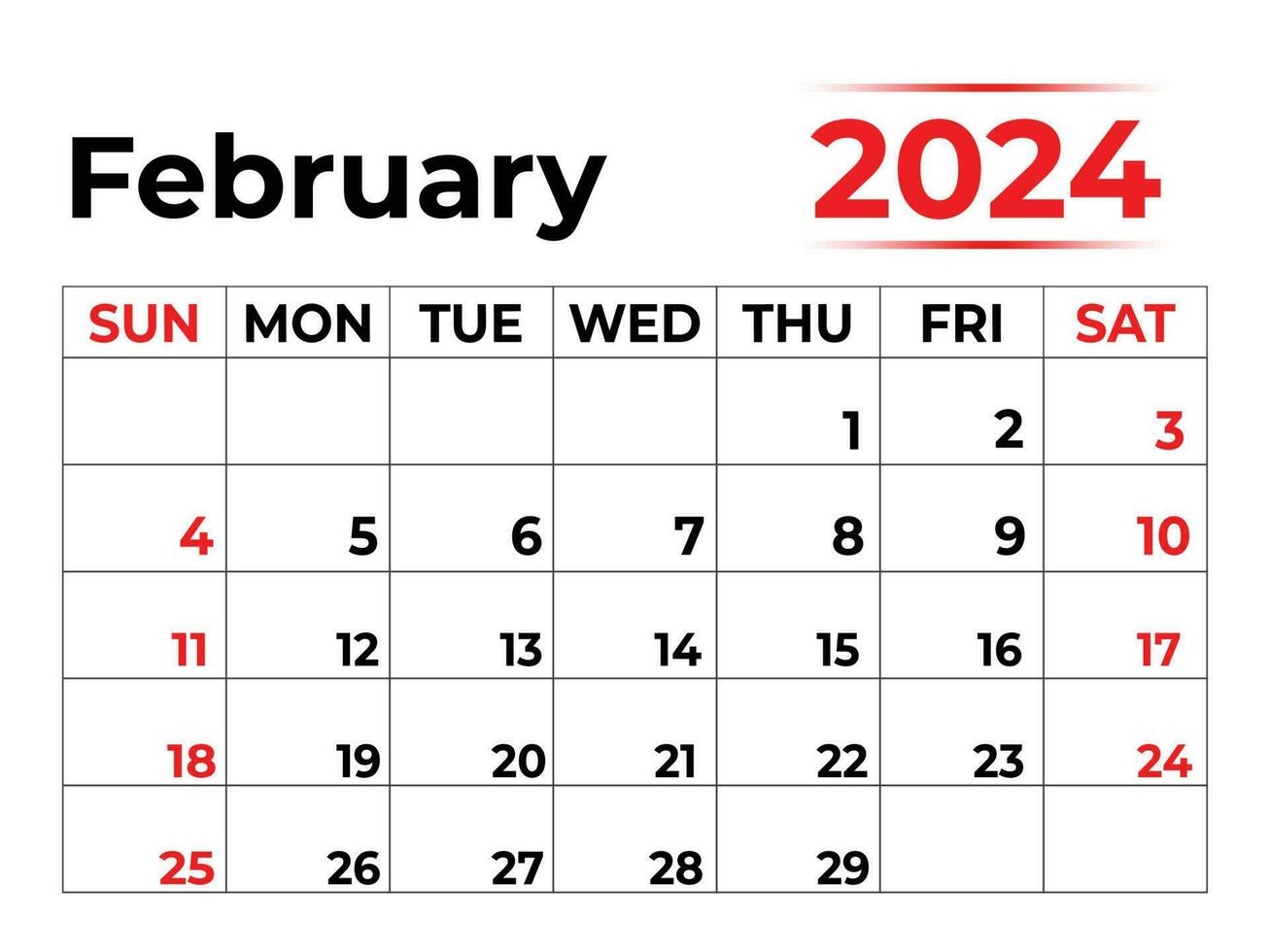 February 2024 monthly calendar with very clean look, week starts from Sunday vector