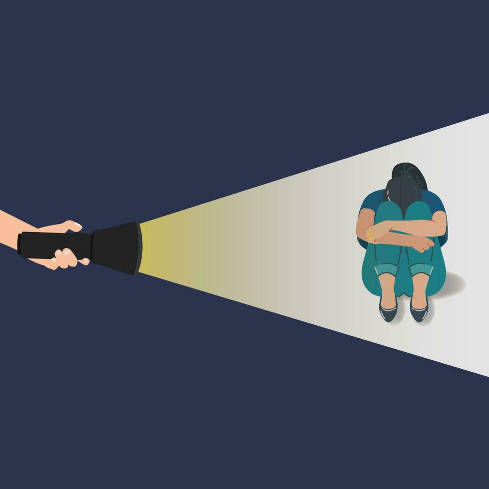 Hand with flashlight and sad girl sitting in the front. Depressed concept vector illustration