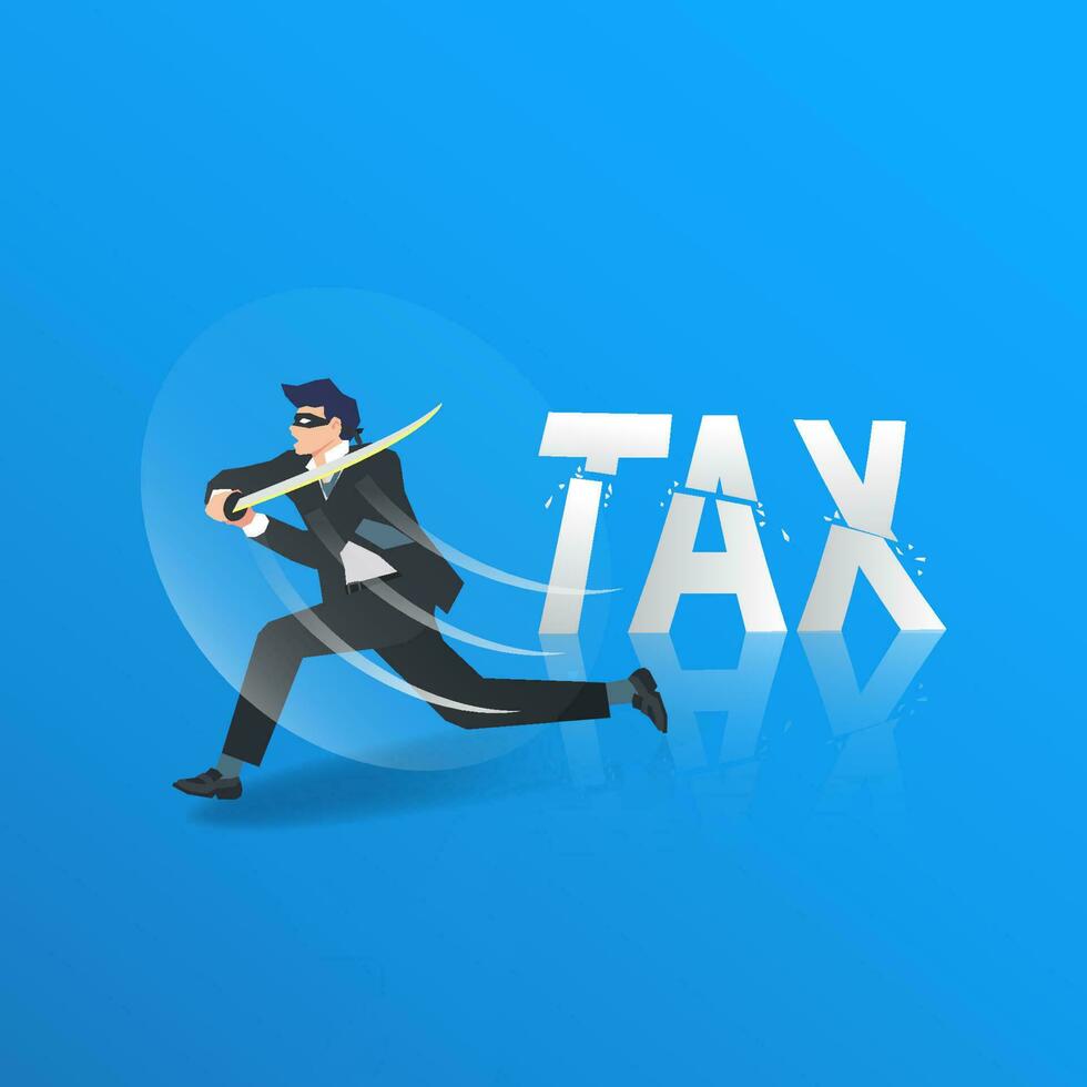 Businessman cutting the word TAX using the sword design vector illustration
