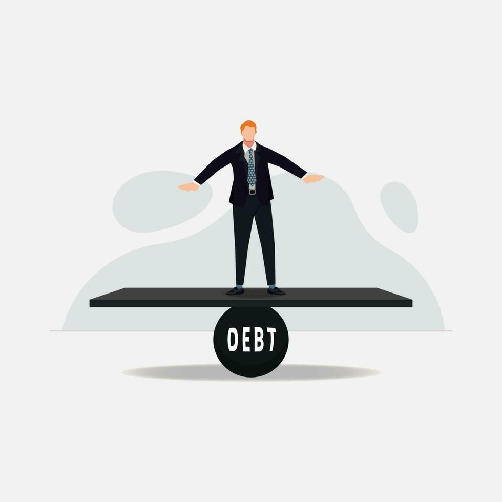 Businessman trying to balance on debt ball and seesaw design vector illustration