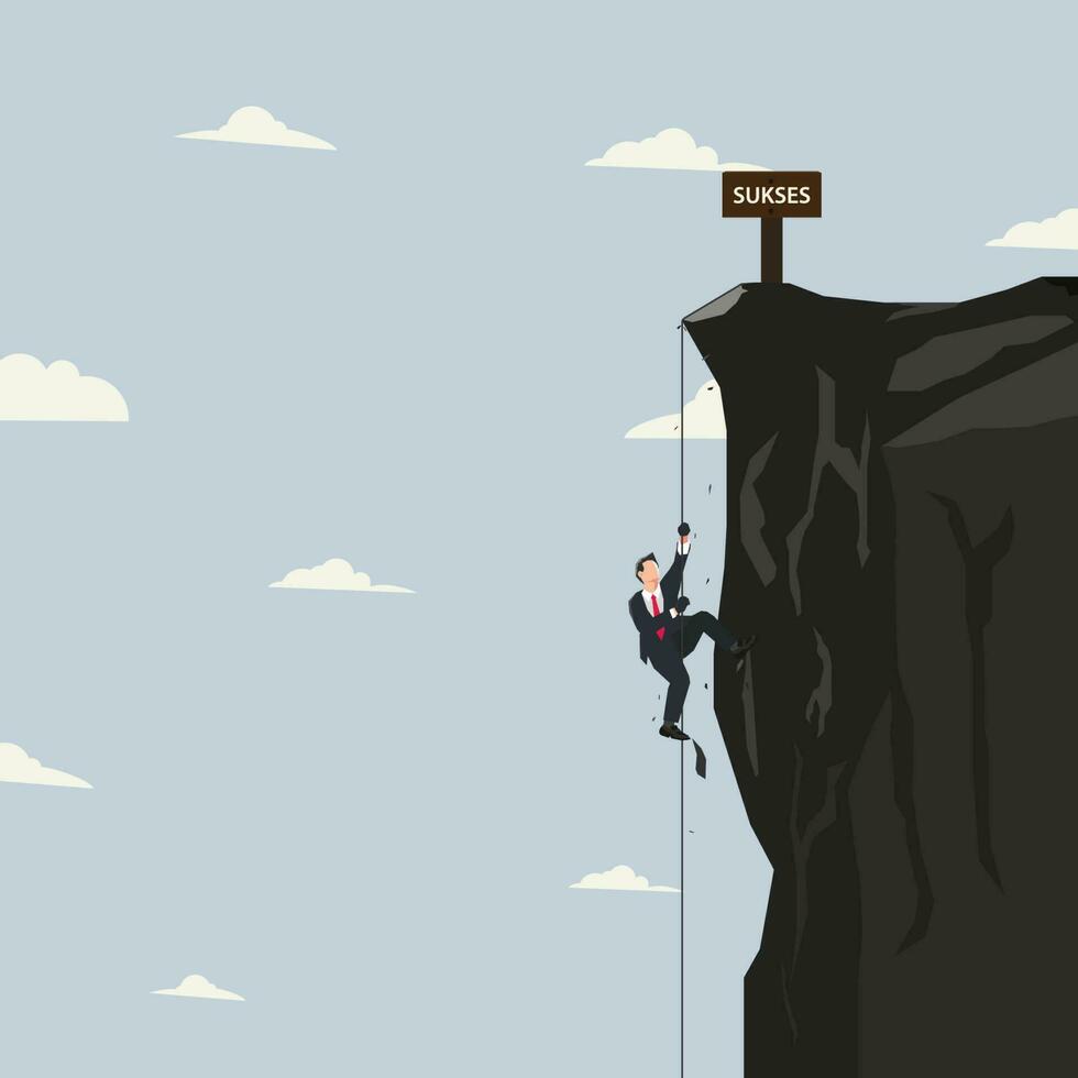 Vector businessman climbing the cliff. Achieve success process concept illustration