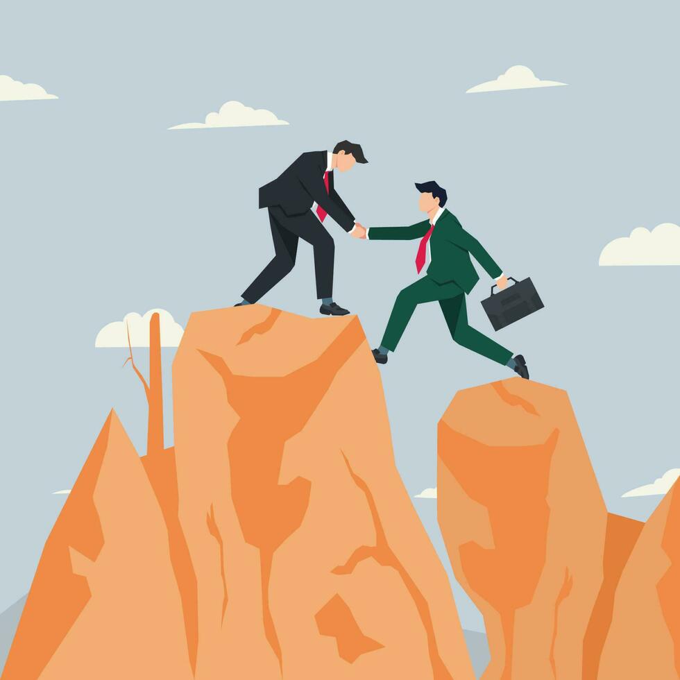 Vector businessman helping the other to the hilltop. Success together concept design vector illustration