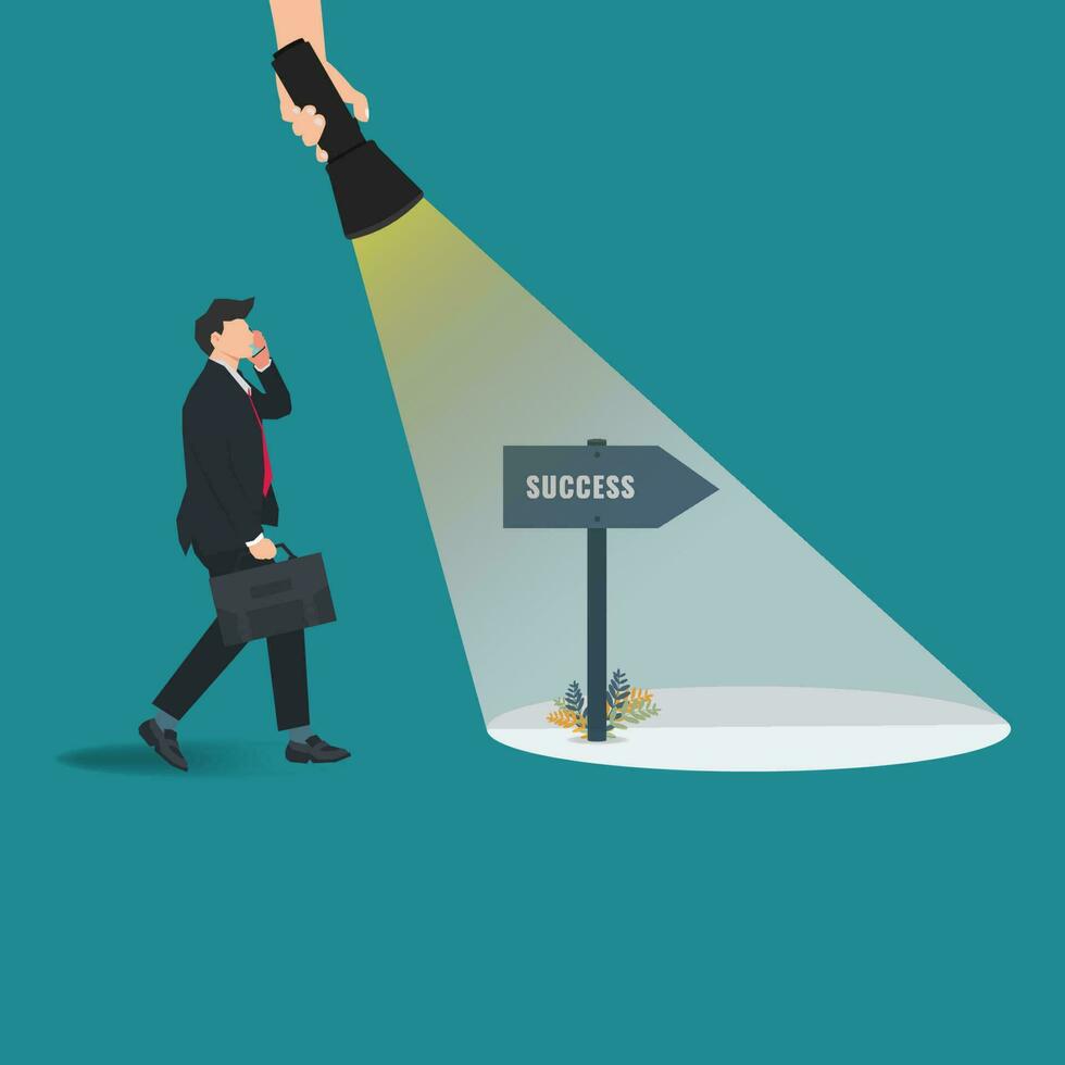 Hand holding a flashlight uncovering hidden success arrow sign design vector illustration