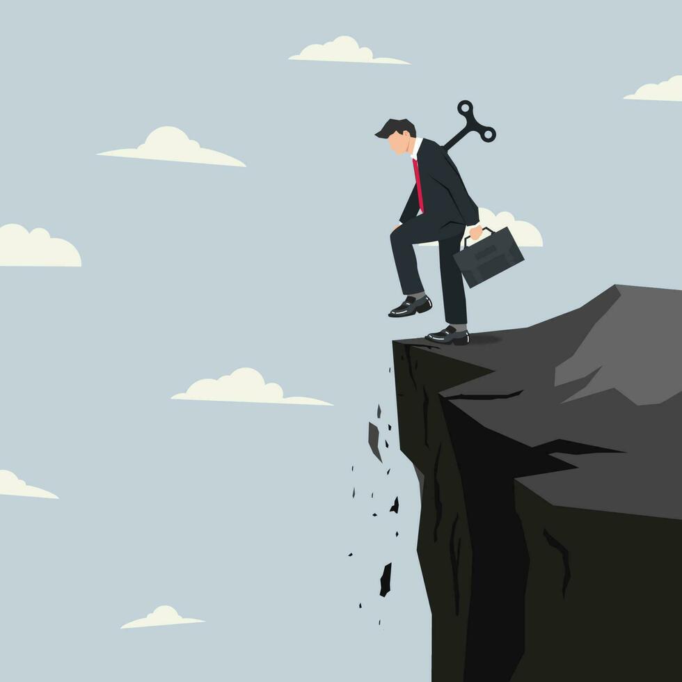 Businessman with wind up key about to step on tip of cliff vector illustration