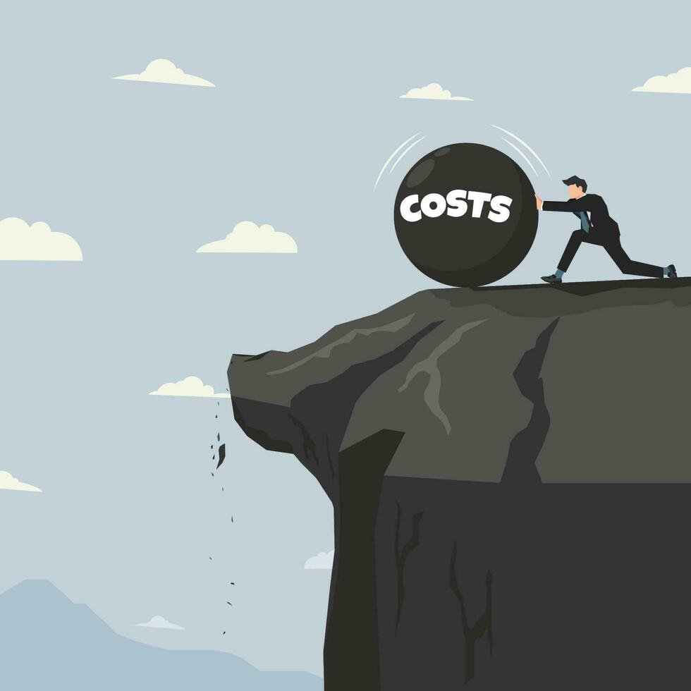 Businessman push the COSTS ball to the edge of the cliff design vector illustration