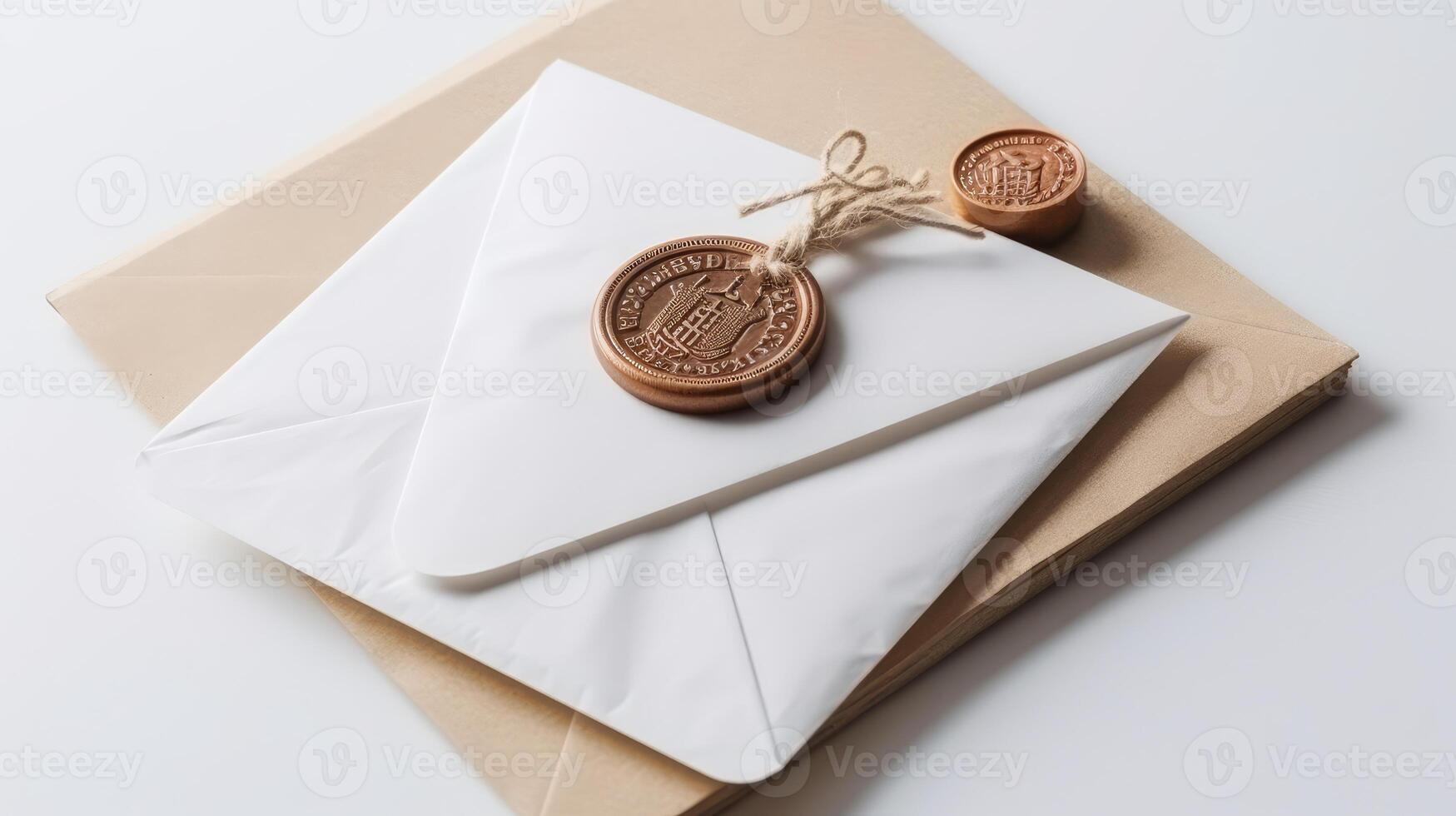 Flat Lay White And Brown Old Letter Envelopes with Golden Wax Seal, Top View. . photo