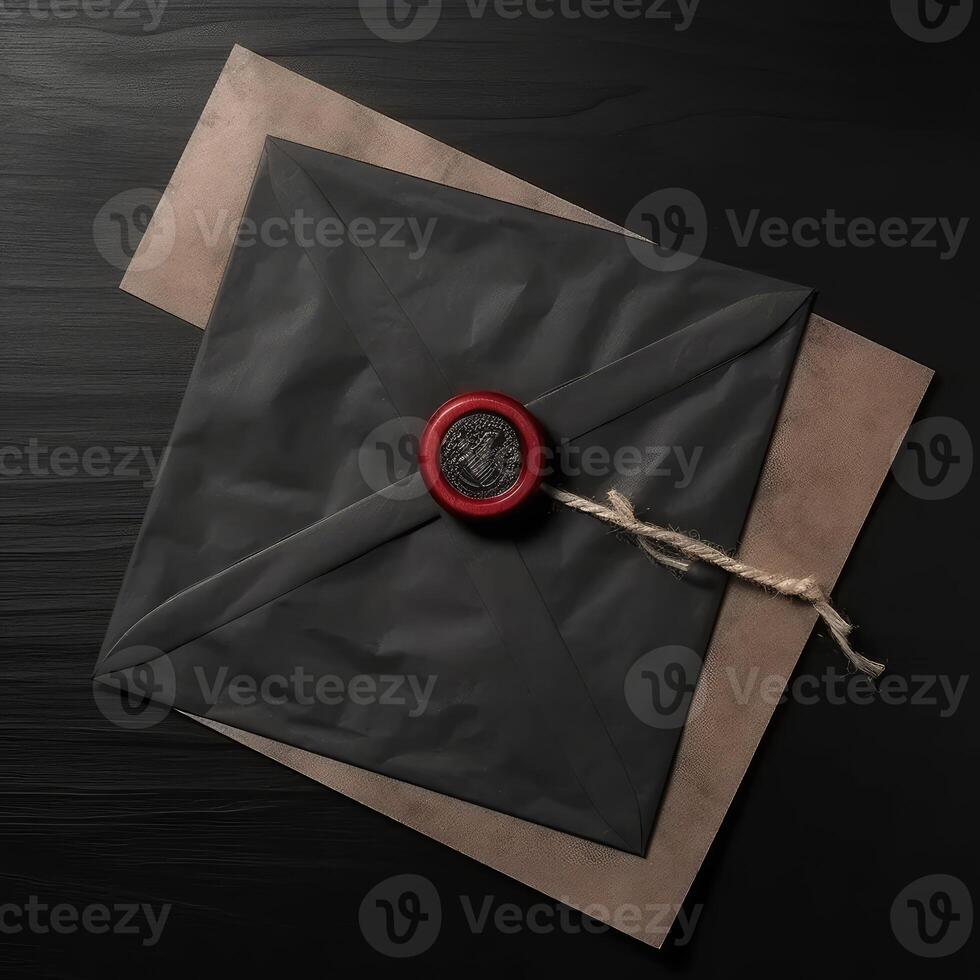 Overhead View of Red and Black Wax Sealed Old Letter Envelope on Wooden Desk. . photo