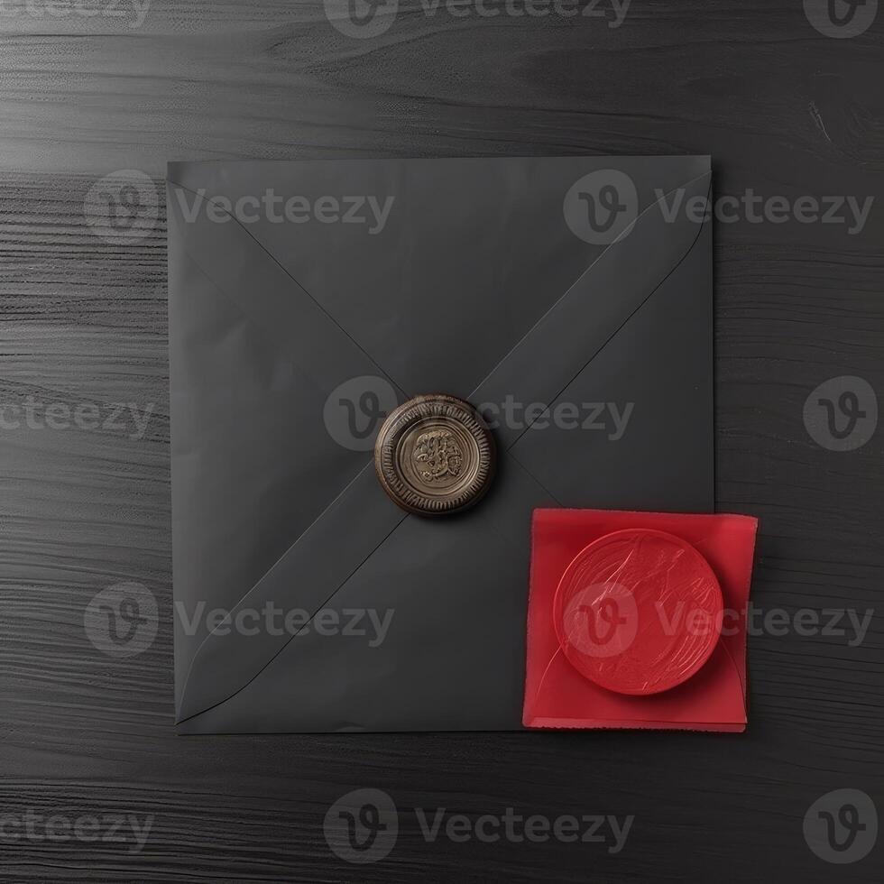 Red And Golden Wax Sealed Black Old Letter Envelopes on Table Top. . photo