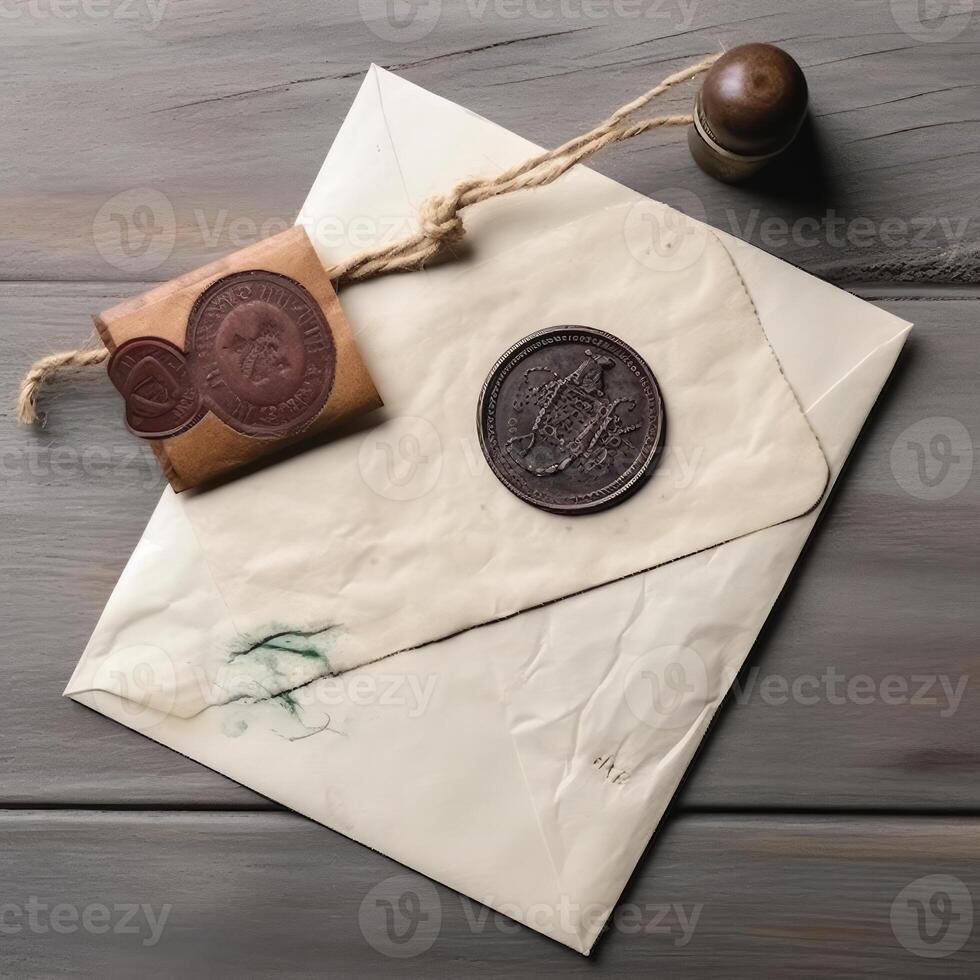 Flay Lay Old Beige Letter Envelopes with Wax Seal and Stamp on Brown Wooden Table Top. . photo