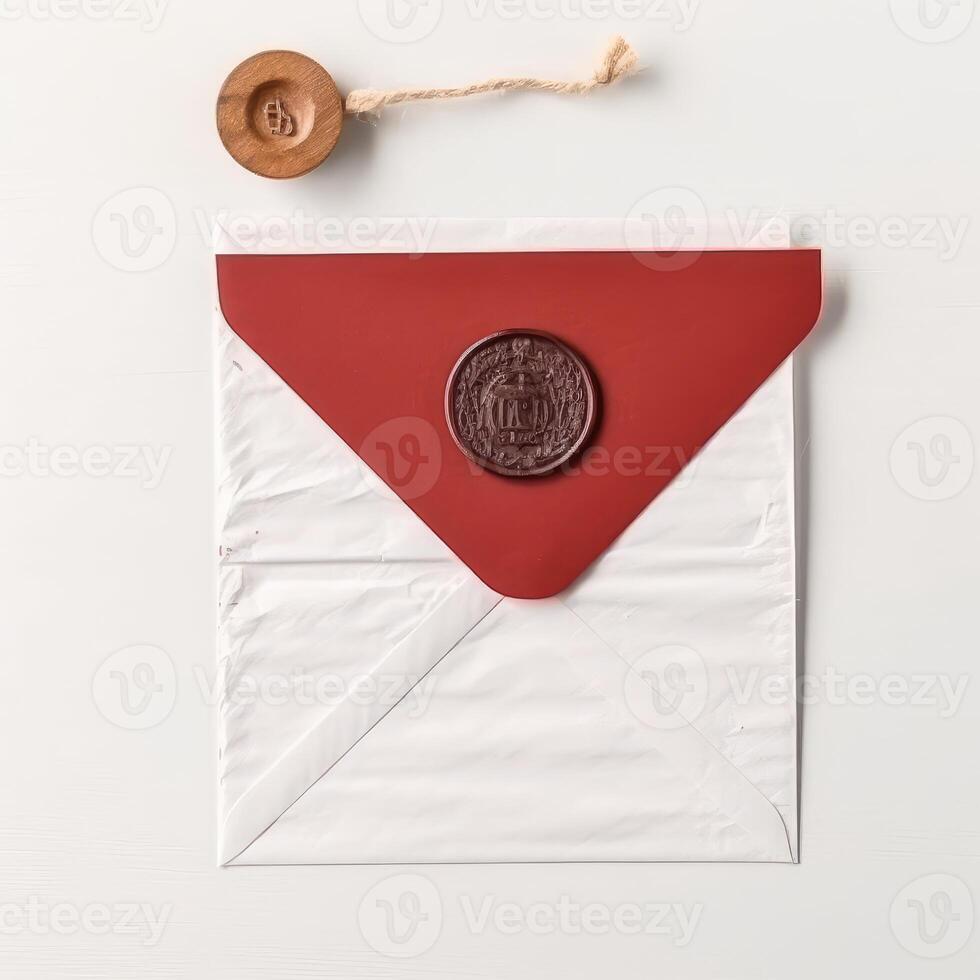 Closeup view of Red And White Old Letter Envelopes with Wax Seal and Stamp, Burlap Thread. . photo