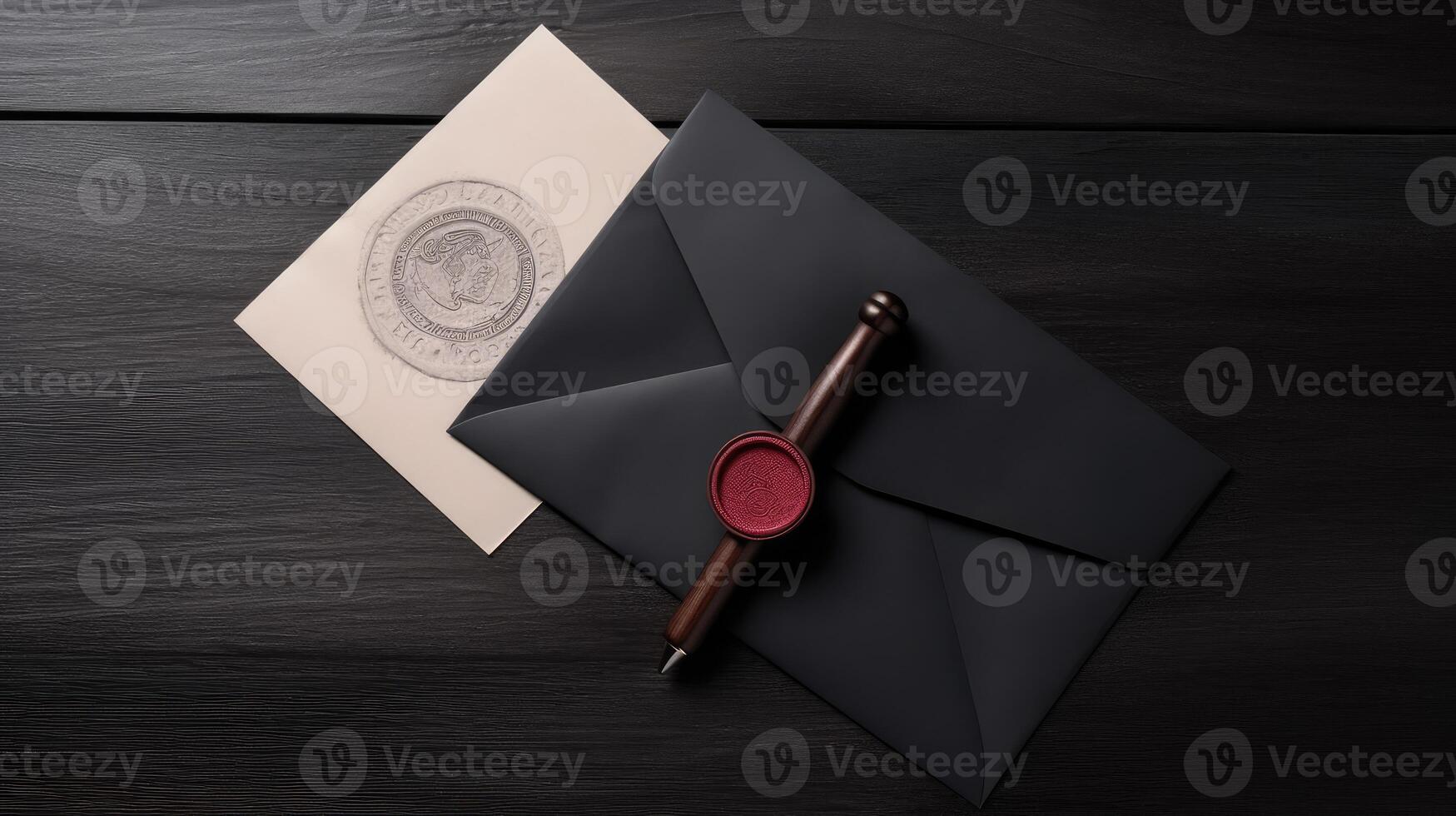 Overhead View of Sealed White and Black Old Letter Envelope with Stamp Flat Lay on Wooden Desk. . photo