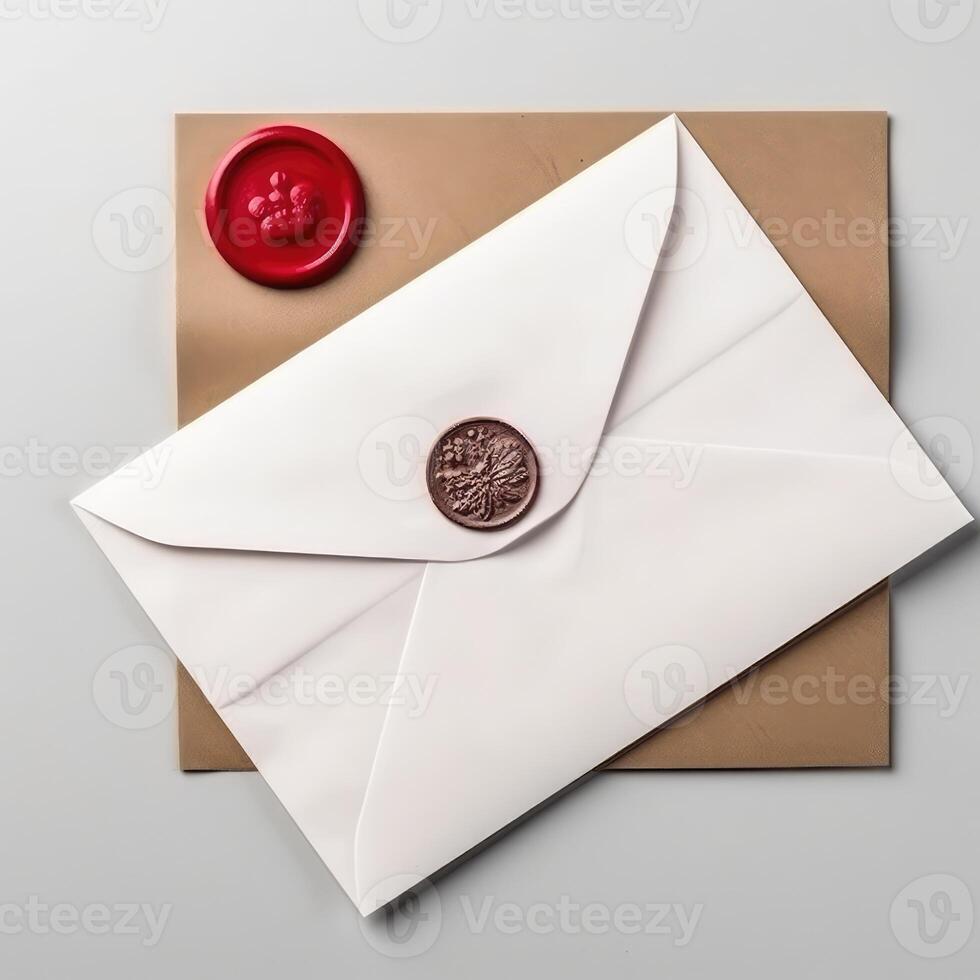 Overhead View of Red and Golden Wax Sealed Envelope and Paper Flat Lay. . photo