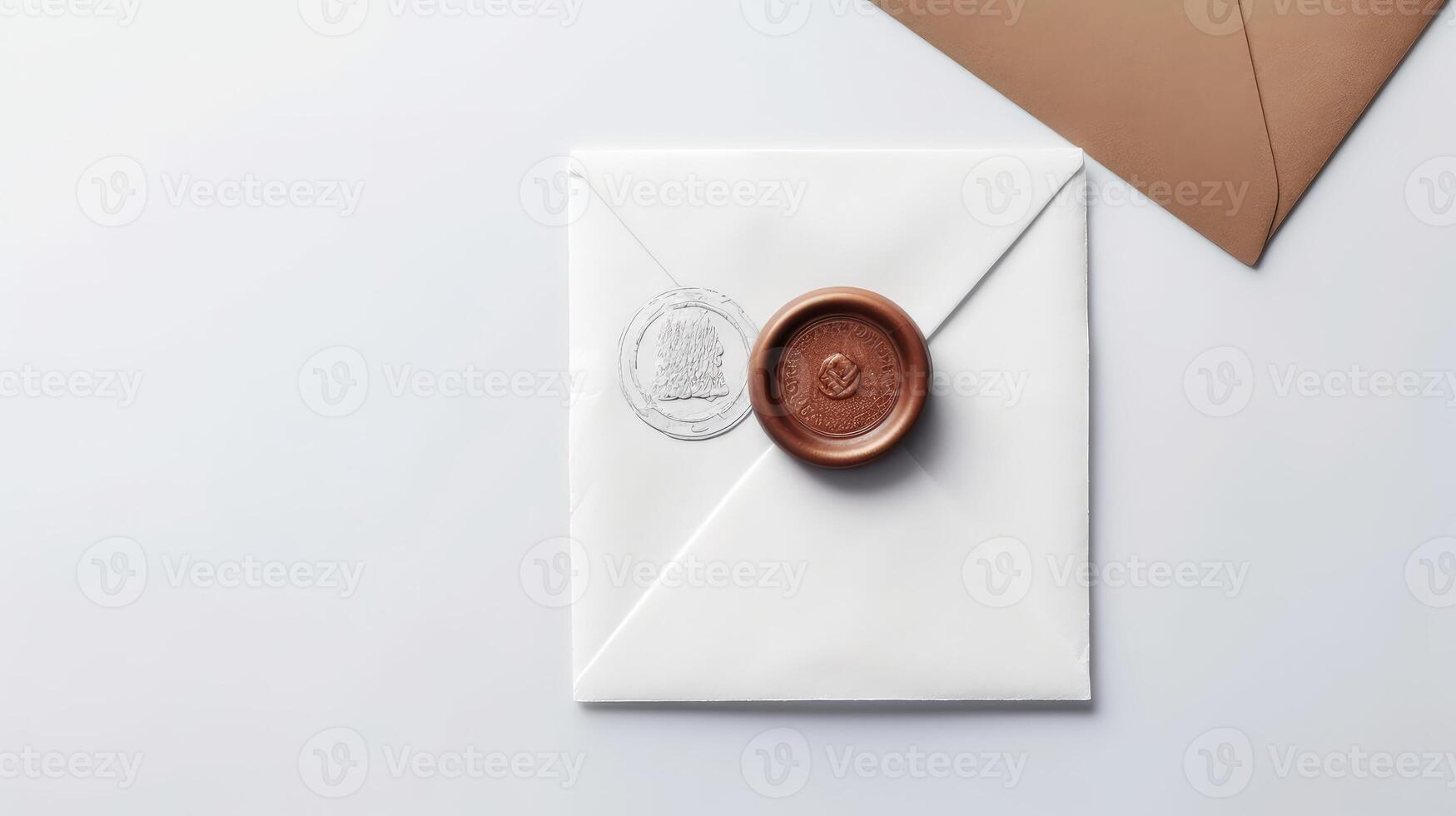 Overhead view of Sealed White and Brown Letter Envelope and Copy Space for Message. . photo