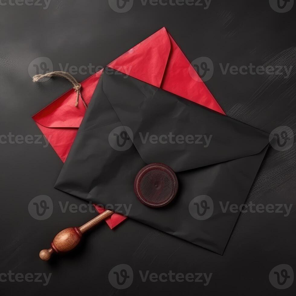 Red and Black Old Letter Envelopes with Wax Seal and Stamp Flat Lay on Table Top. . photo