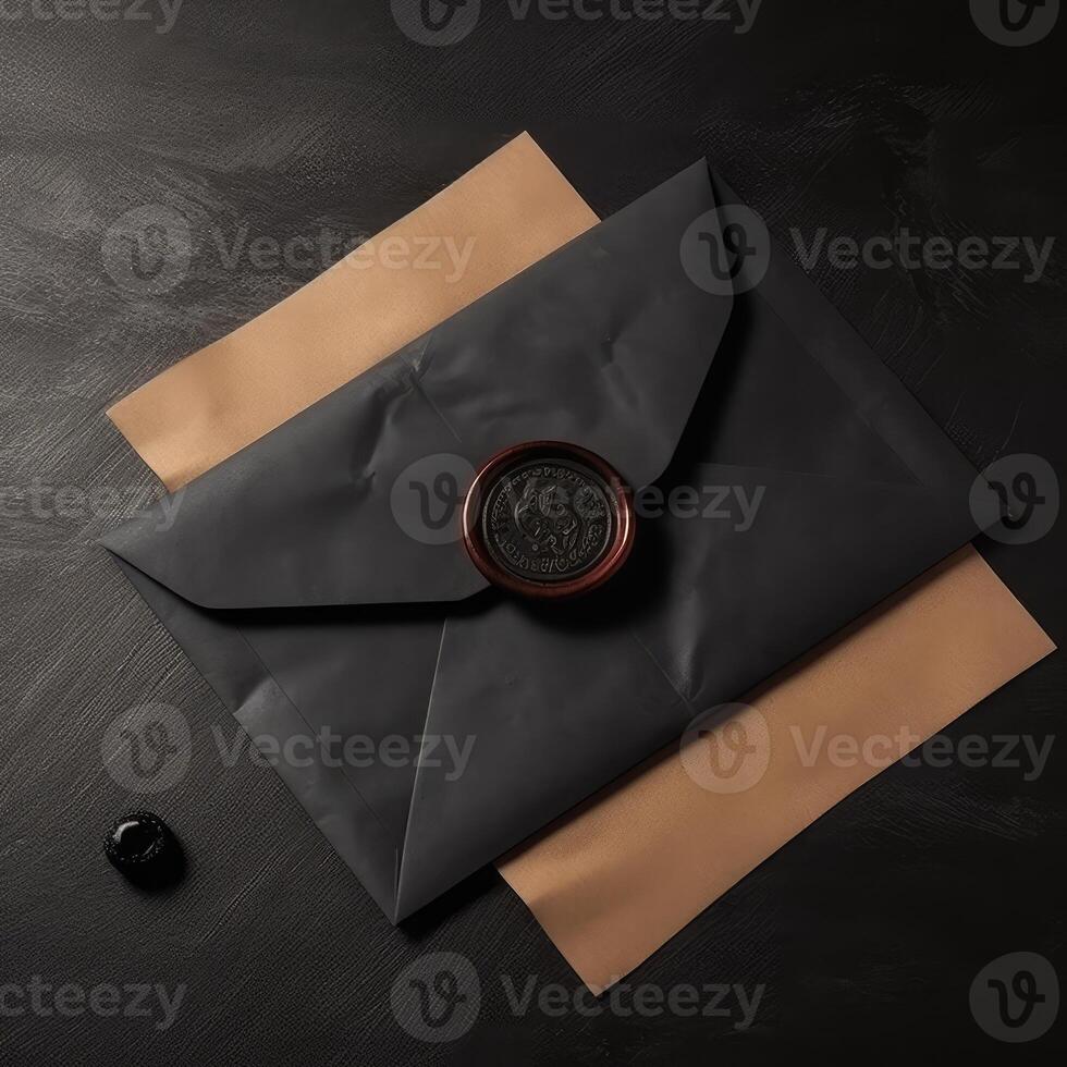 Overhead View of Wax Sealed Black Old Letter Envelope on Wooden Background. . photo