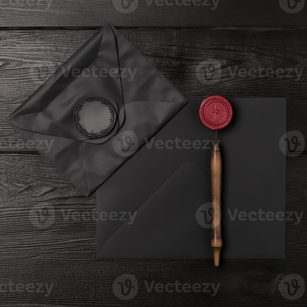 Overhead View of Wax Sealed Black Old Letter Envelope with Engraving Needle on Desk. . photo