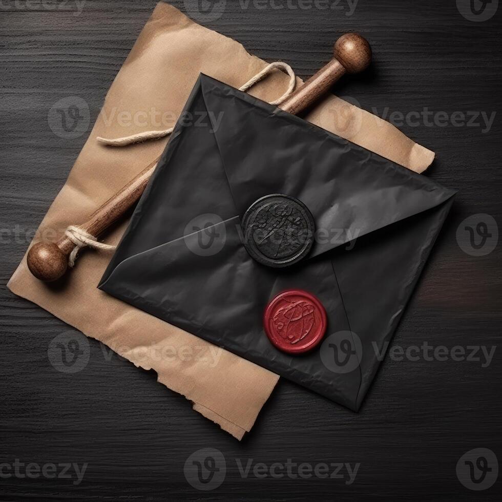 Overhead View of Black and Red Sealed Old Letter Envelope with Stamp Flat Lay, on Wooden Desk. . photo