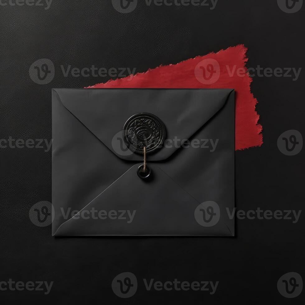 Overhead View of Wax Sealed Black Letter Envelope Flat Lay. Gnerative AI. photo