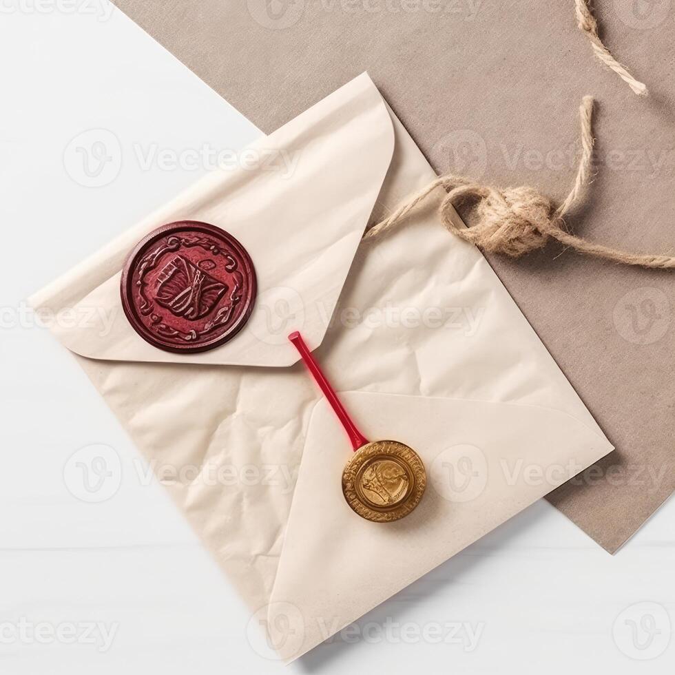 Closeup View of Beige Old Letter Envelope with Red Wax Seal and Golden Stamp, Burlap Thread Flat Lay. . photo