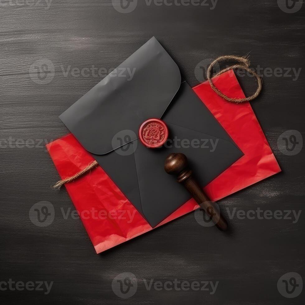 Red and Black Old Letter Envelopes with Wax Seal and Stamp, Burlap Thread Flat Lay on Table Top. . photo