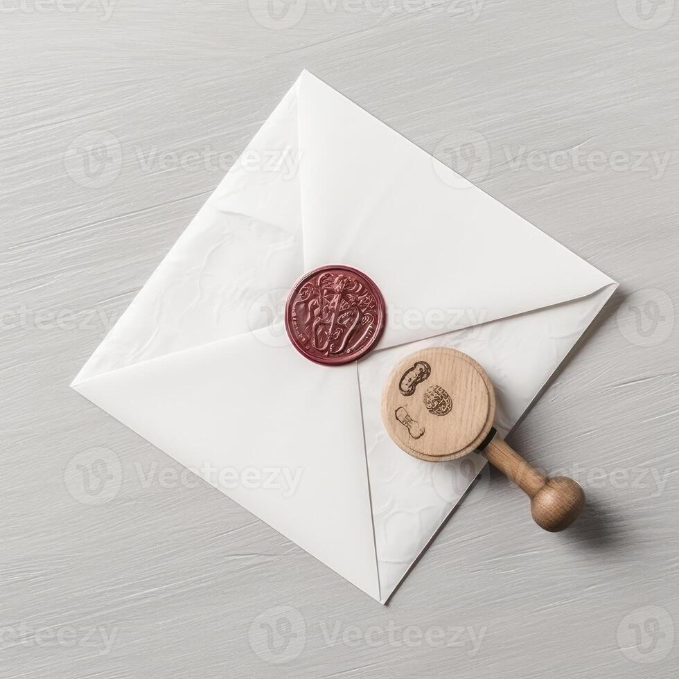 Flay Lay White Old Letter Envelopes with Red Wax Seal and Stamp on Table Top. . photo