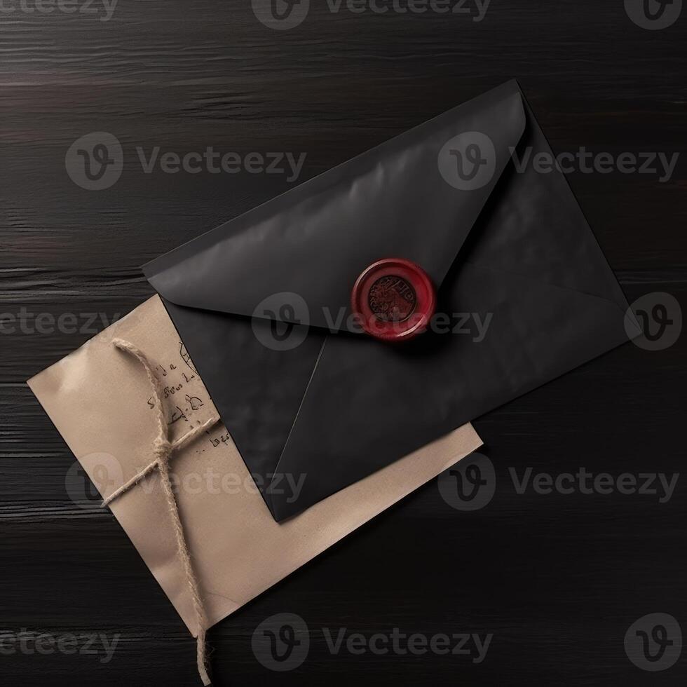 Overhead View of Red Sealed Black and Brown Old Letter Envelope on Wooden Background. . photo