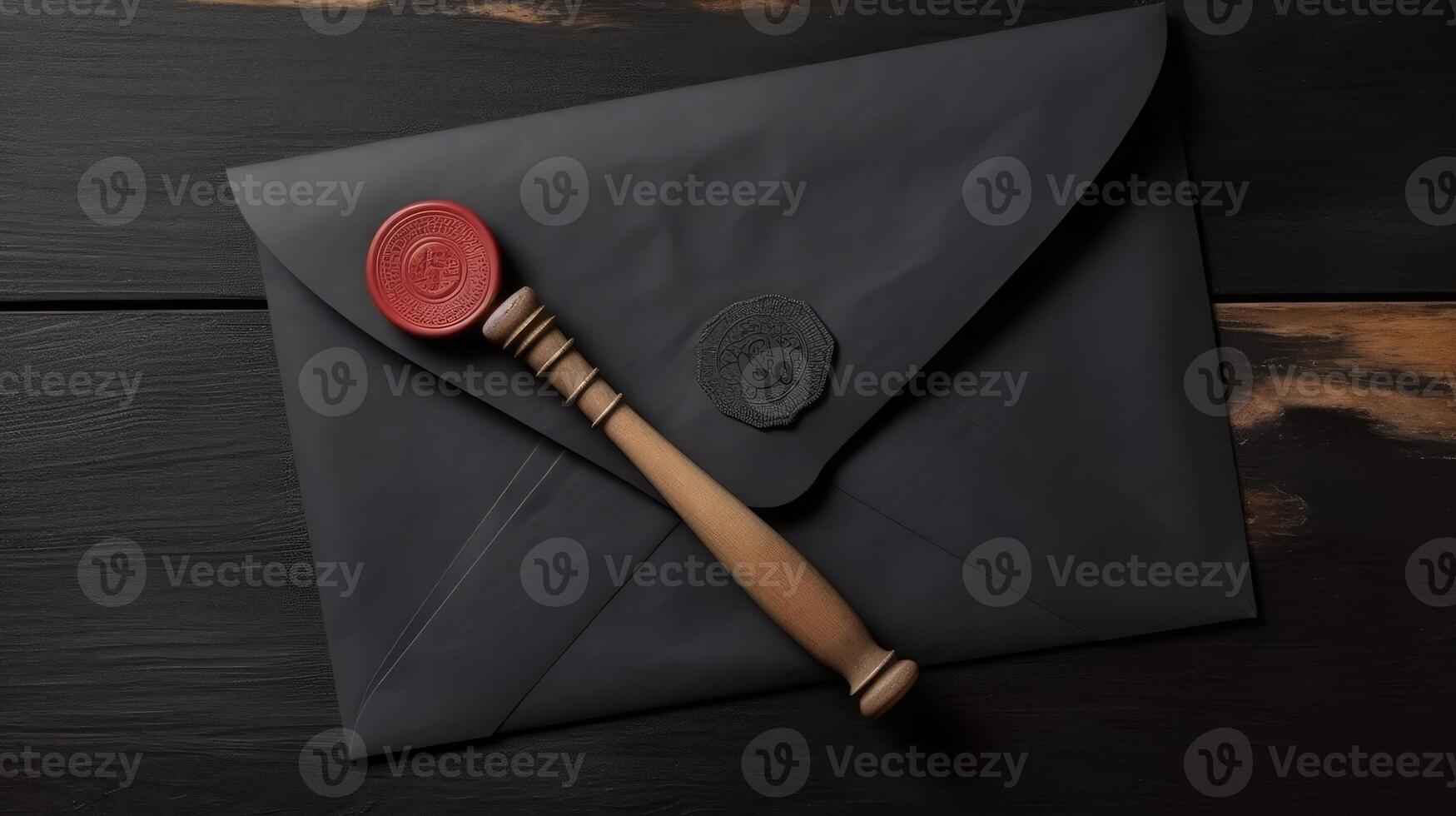 Flat Lay Black Old Letter Envelopes with Wax Seal and Stamp on Wooden Table Top. . photo