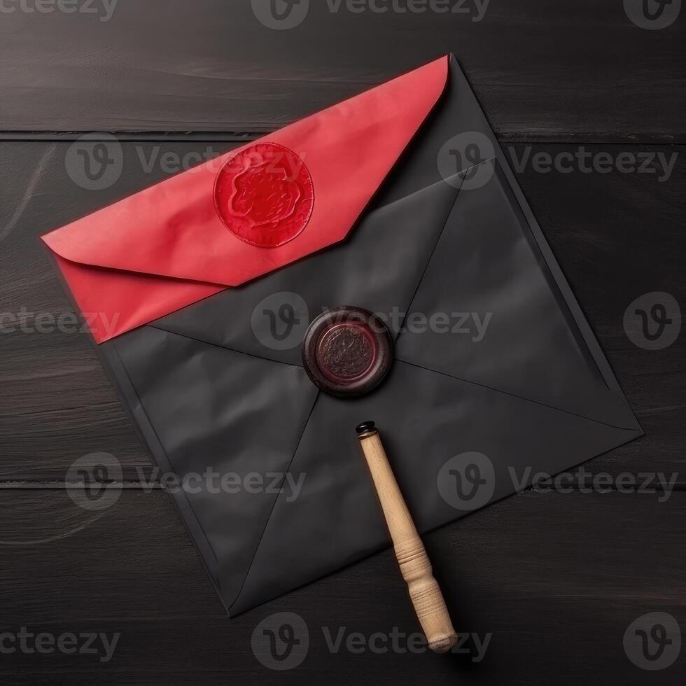 Red and Black Old Letter Envelopes with Wax Seal and Stamp Flat Lay on Table Top. . photo