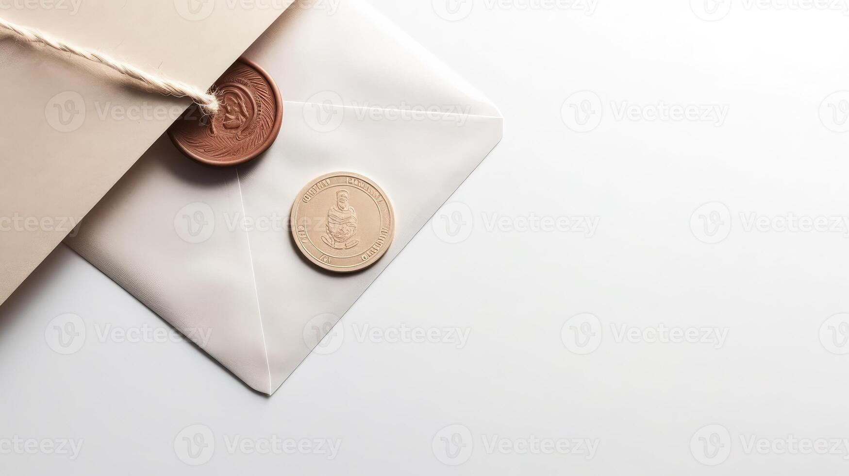 Top View of Wax Sealed Beige Old Letter Envelope with Burlap Thread Flat Lay. Copy Space for Message. . photo