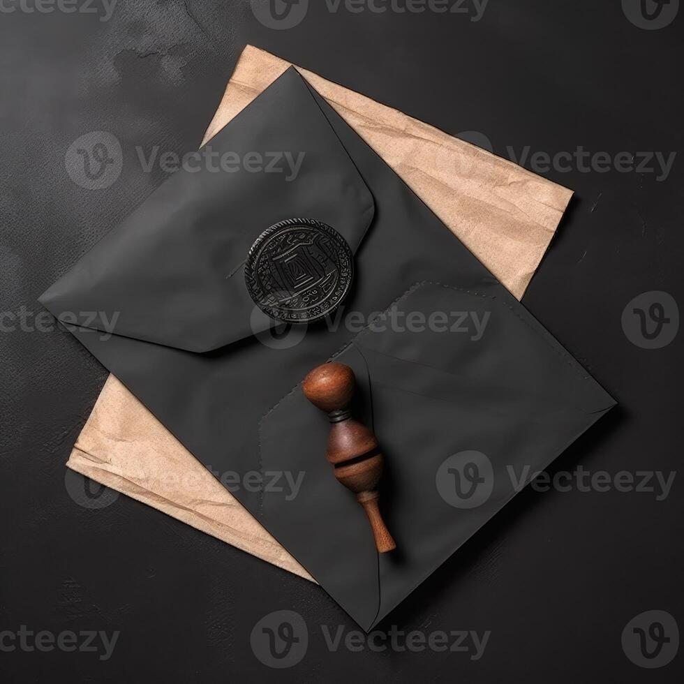Overhead View of Black and Brown Old Letter Envelope with Wax Seal and Stamp Flat Lay. . photo
