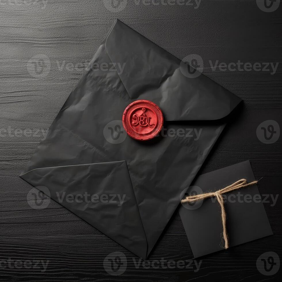 Flat Lay Old Black Letter Envelopes with Red Wax Seal on Table Top. . photo