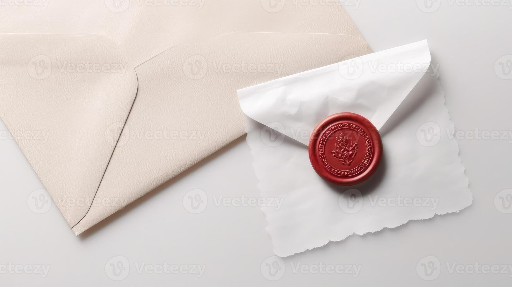 Overhead View of Red Wax Sealed with Old Letter Envelope Flat Lay. . photo