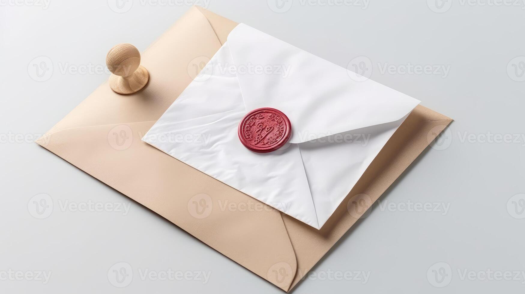Overhead View of Red Wax Sealed White and Brown Old Letter Envelope with Wooden Stamp Flat Lay. . photo