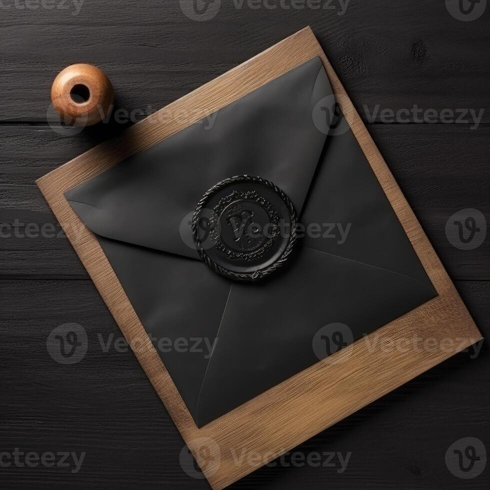 Overhead View of Wax Sealed Black And Golden Old Letter Envelope with Stamp Flat Lay on Wooden Desk. . photo