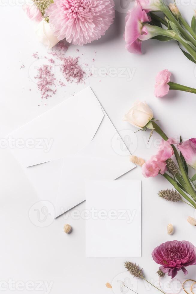 Wedding Card Stationery Table Top Mockup and Beautiful Floral Decorations. . photo