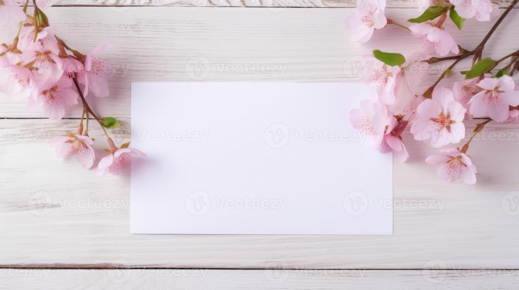 Top View of Blank White Paper Card Mockup and Pink Blossom Branch on Wooden Texture Table, . photo