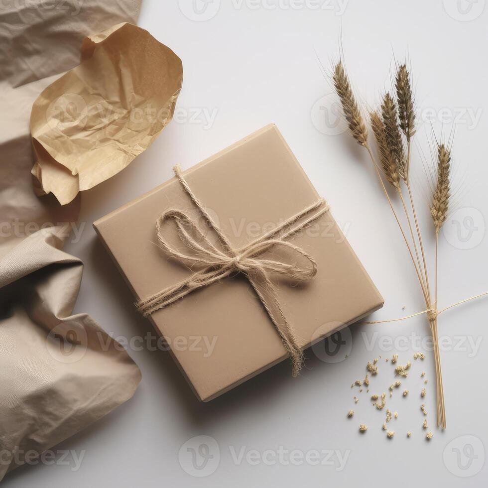 Top View of Rustic Style Packed Gift Box, Crumpled Kraft Paper and Dried Grain Grass on Gray Background, . photo