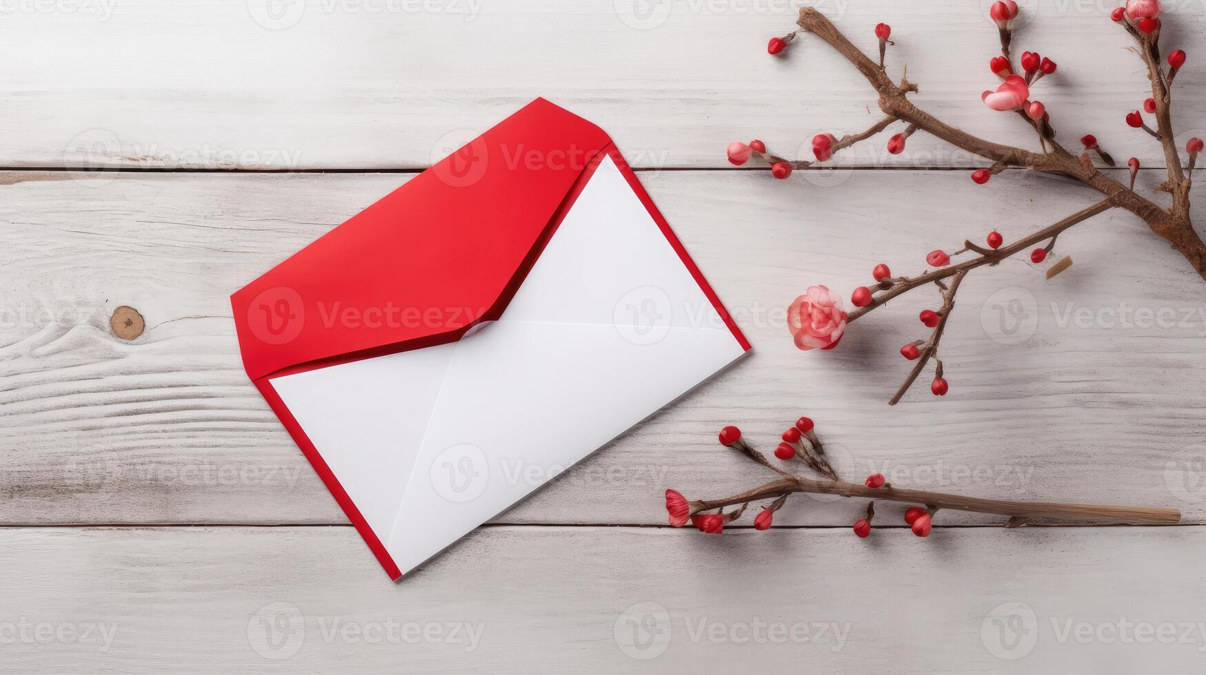 Greeting Card Envelope Mockup and Red Floral Bud Branch on Wooden Texture Table Top. . photo