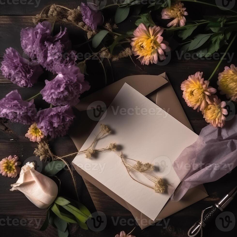 blanco papel tarjeta, sobre Bosquejo, crisantemo flores y rosas en de madera textura mesa cima. generativo ai. foto