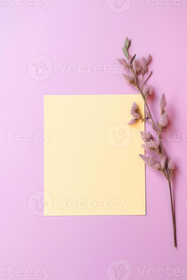 Yellow Blank Paper Sticky, Card Mockup and Floral Branch on Pink Background, . photo