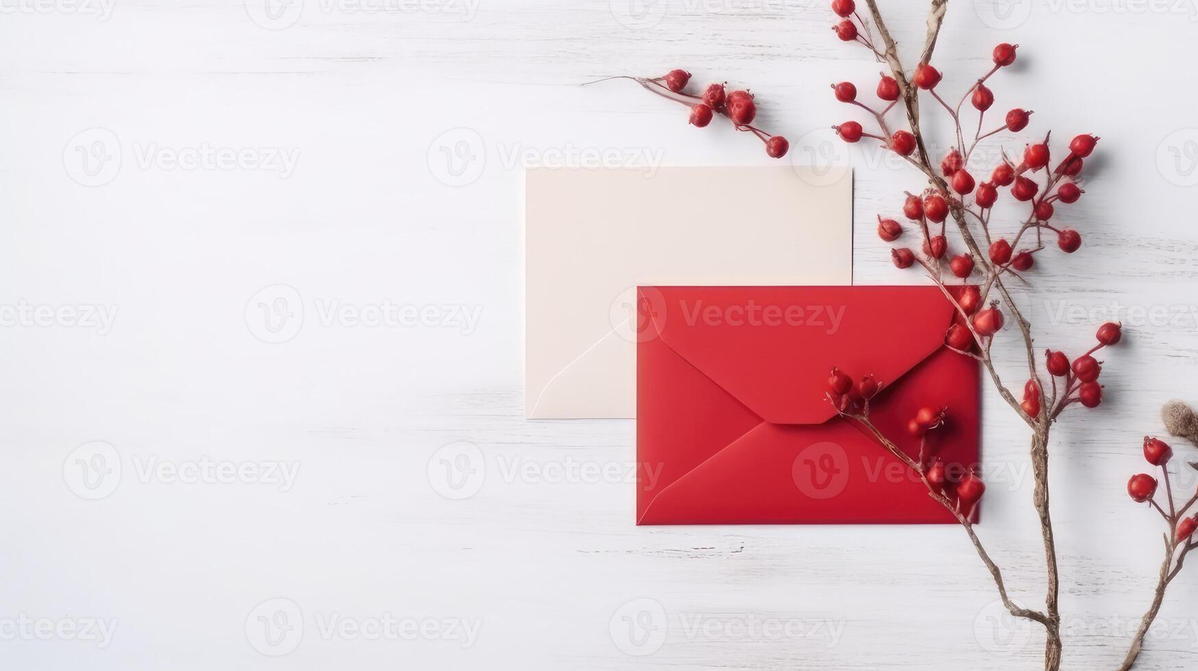 Greeting Card Envelope Mockup and Hawthorn Berry Branch on White Wooden Texture Table Top. . photo