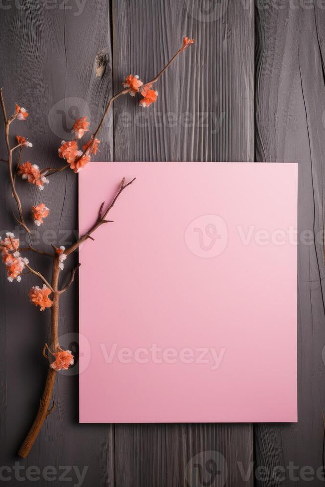 Top View of Blank Pink Paper Card Mockup and Cherry Blossom Branch on Dark Wooden Texture Table, . photo