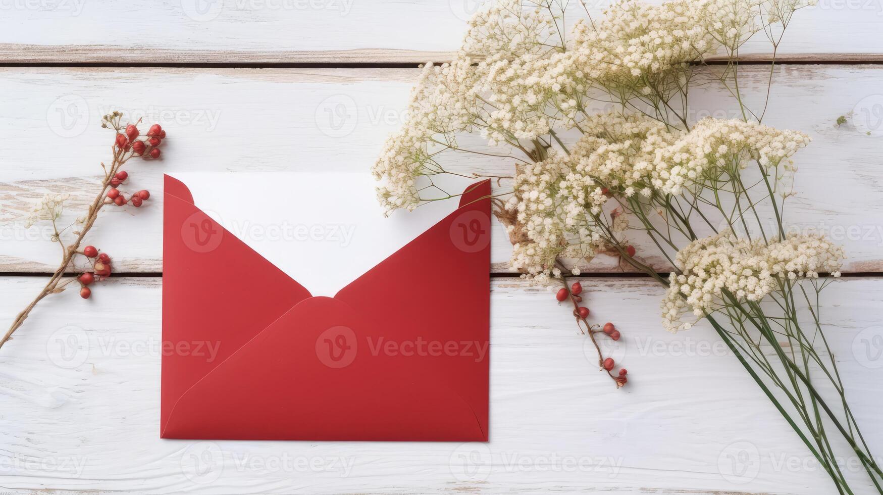 Greeting Card Envelope Mockup, Red Berry Stem and Gypsophila Flowers on Wooden Texture Table Top. . photo