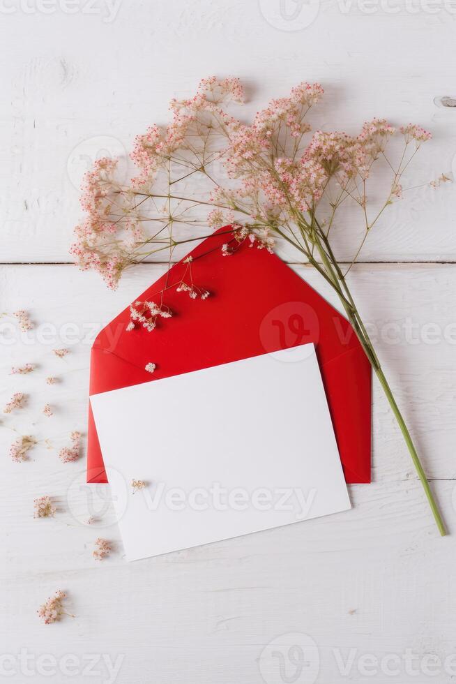 White and Red Greeting Card Envelope Mockup, Tiny Floral Decorations on Wooden Table Top. . photo