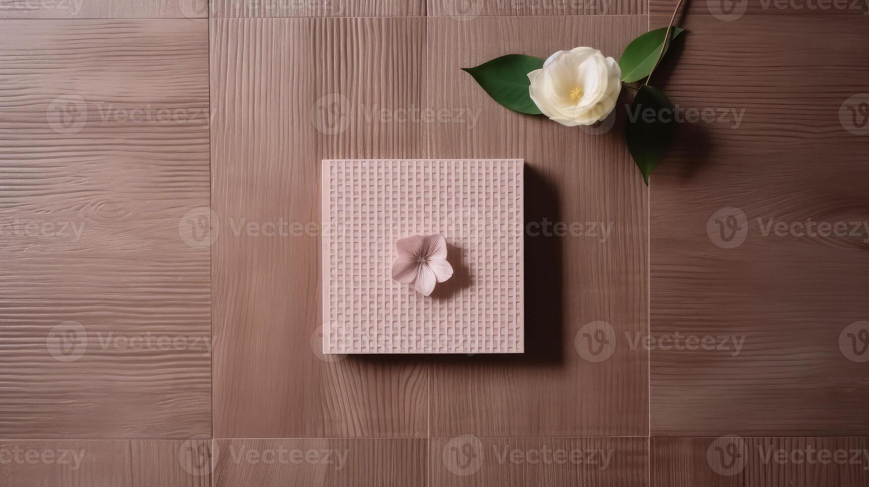 Top View of Embossed Paper Card and Beautiful Flowers on Wooden Texture Table, . photo