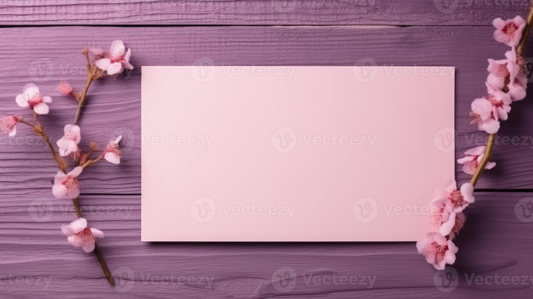 Top View of Blank Paper Card Mockup and Beautiful Cherry Floral Branches on Wooden Table. . photo