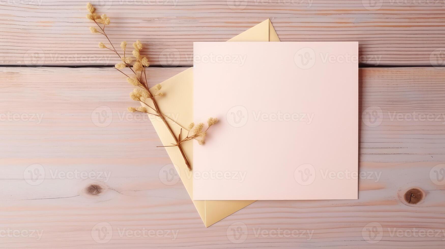 Top View of Greeting Card, Envelope Mockup and Gypsophila Dried Flower Branch on Wooden Table, . photo