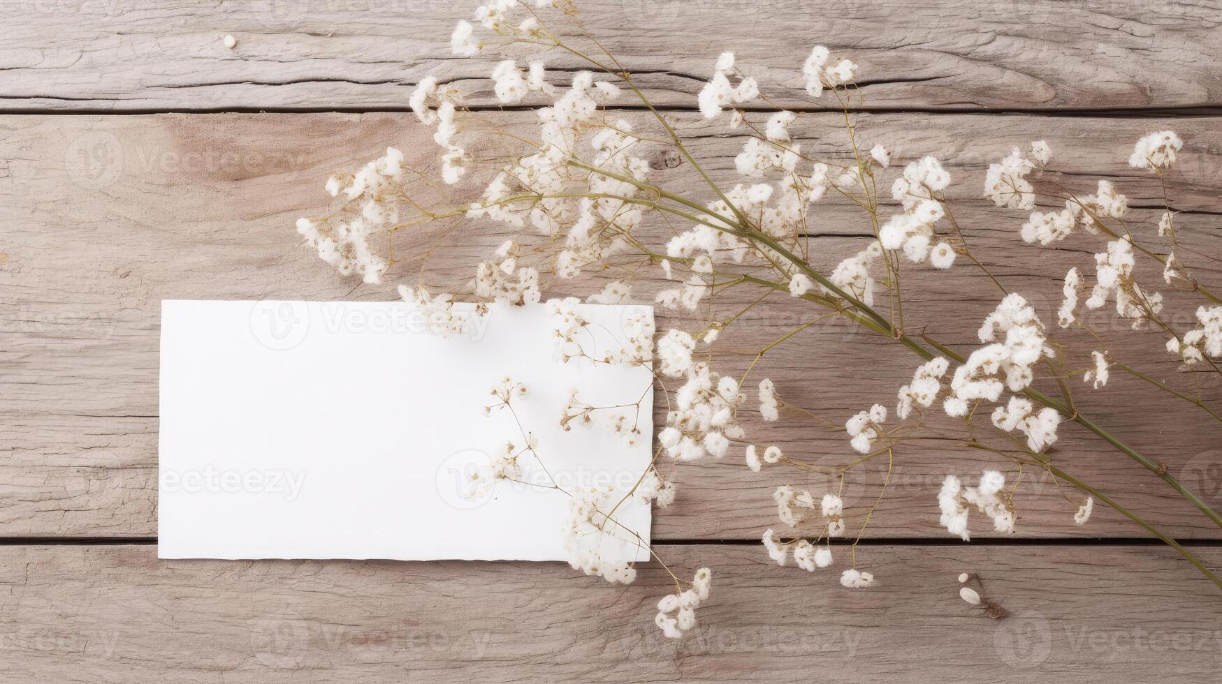 Blank White Paper Card Mockup and Tiny Flowers or Gypsophila Branch on Wooden Table Top, . photo