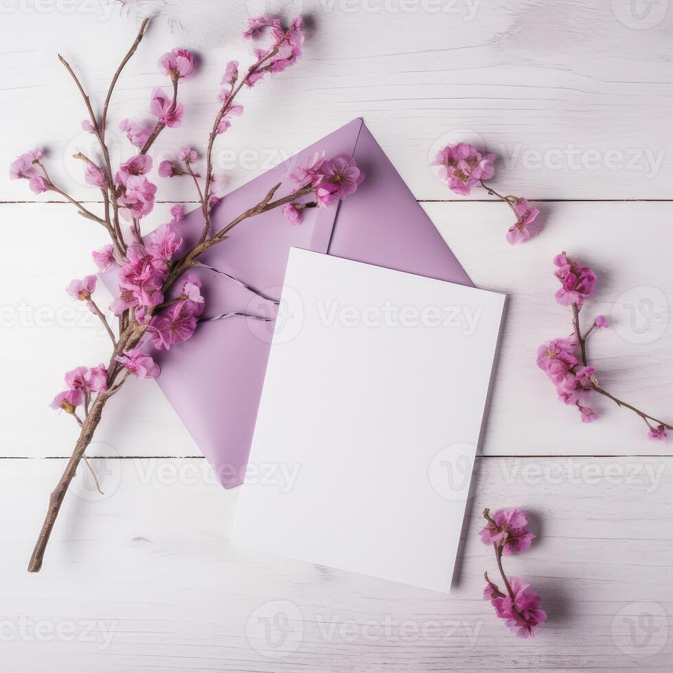Wedding Card Envelope Mockup and Purple Cherry Blossom Branch on Wooden Texture Table Top. . photo