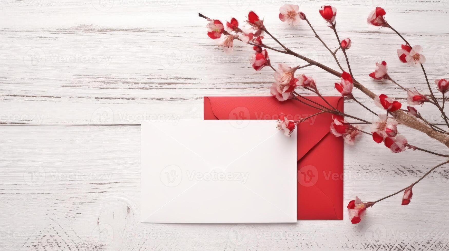 Blank Paper Card, Red Envelope Mockup and Cherry Blossom Branch on Wooden Texture Table Top. . photo